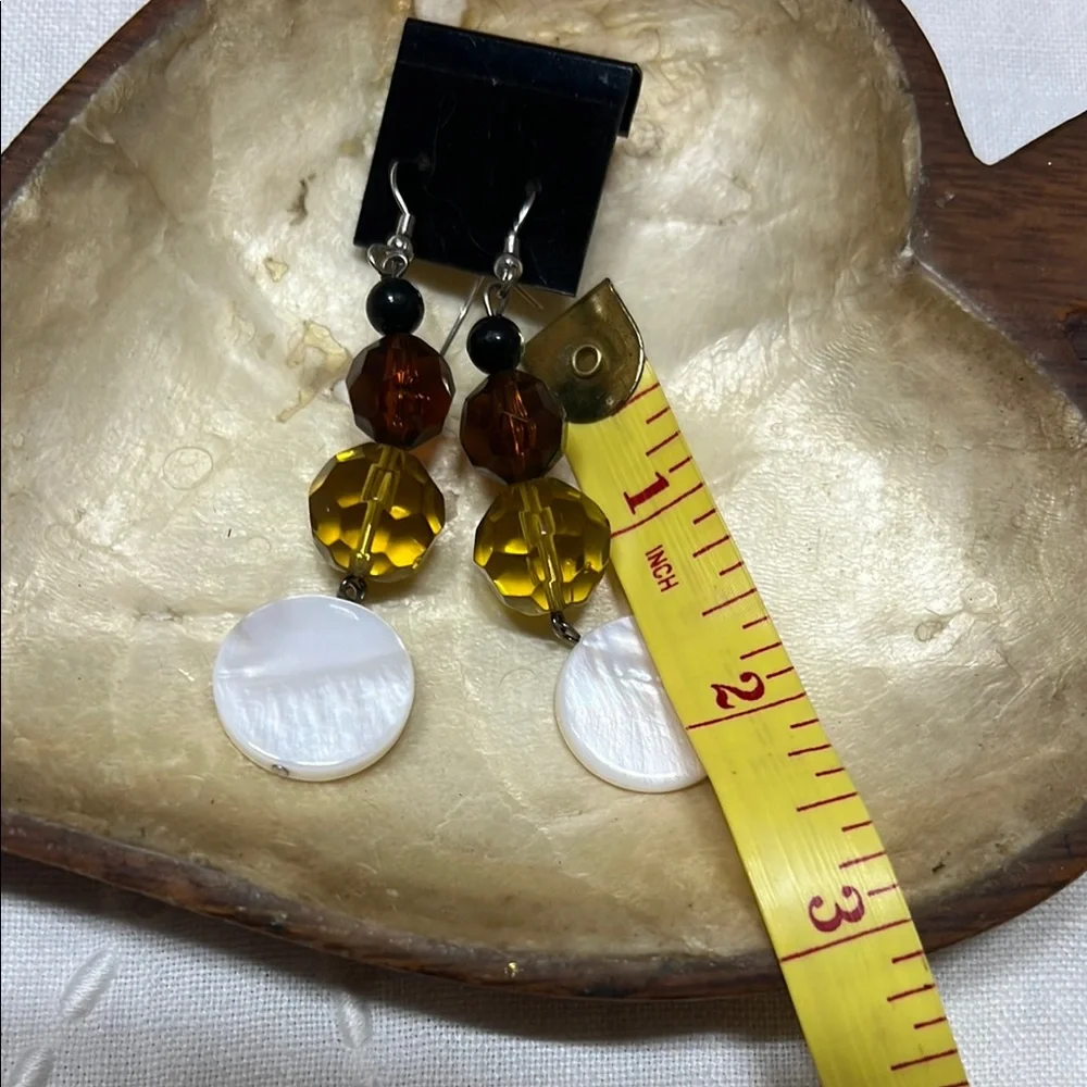 Elegant Glass & mother of‎ Pearl& Brown Dangle Earrings